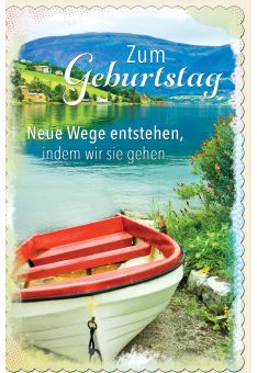 Glückwunschkarte Geburtstag Boot am Ufer vom See in den Bergen