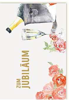 Jubiläumskarte Illustration Sektflasche, Glas und Rose