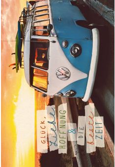 Postkarte Lebensweisheit Glück Liebe Zeit VW Bus, Zuckerrohrpapier