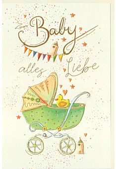 Glückwunschkarte Geburt Baby Kinderwagen mit Ente, Naturkarton, mit Goldfolie und Blindprägung