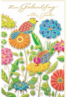 Glückwunschkarte Geburtstag Bunte Vögel auf bunten Blumen, Naturkarton