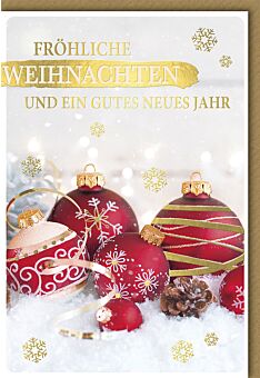 Weihnachtskarte schön Spruch Fröhliche Weihnachten und ein gutes neues Jahr Weihnachtskugeln im Schnee