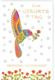 Glückwunschkarte Geburtstag Vogel mit Blume, Naturkarton, mit Goldfolie