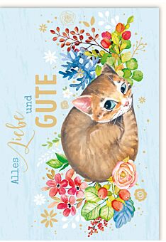Grußkarte Illustration Katze liegt in Blumen Alles Liebe und Gute