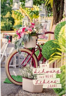 Postkarte Geburtstag Blumen, Fahrrad, Laternen, Zuckerrohrpapier