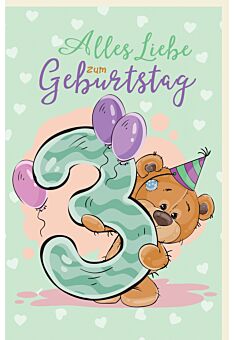 Geburtstagskarte für Kinder Teddybär und Partyhut, Luftballons 3 Geburtstag