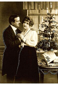 Weihnachtspostkarte Retrofoto Mann und Frau Weihnachtsbaum
