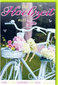 Glückwunschkarte Hochzeit Weißes Fahrrad mit Blumenkorb