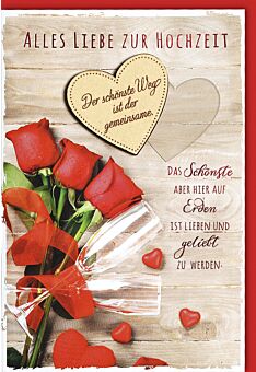 Hochzeitskarte Sektgläser an roten Rosen mit Holzherz
