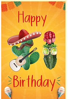 Geburtstagskarte Kakteen mit Hüten, Sonnenbrille, Schnurrbart, Gitarre