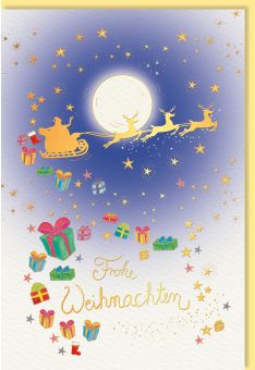Weihnachtskarte Gechenke, Rentierschlitten, mit Goldfolie und Blindprägung, Naturkarton
