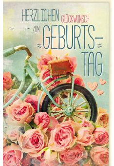 Glückwunschkarte Geburtstag Rosen, Fahrrad, Naturkarton