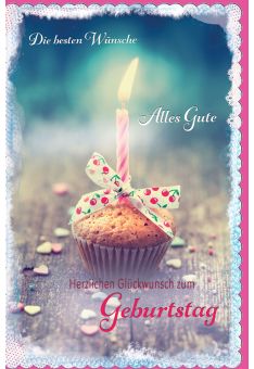 Glückwunschkarte Geburtstag Muffin mit brennender Kerze, gestanzt, welliger Rand