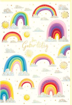 Glückwunschkarte Geburtstag Regenbögen, Wolken, Sonnen, Naturkarton, mit Goldfolie und Blindprägung