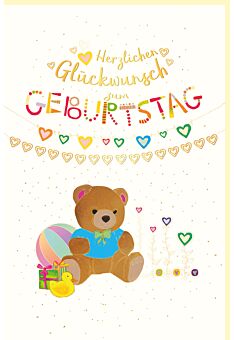 Geburtstagskarte "KIDS" Teddybär, Naturkarton, mit Goldfolie und Blindprägung