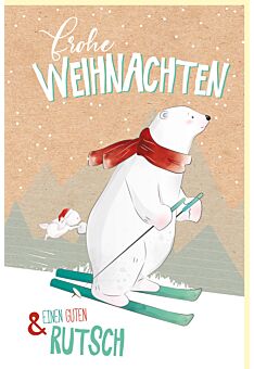 Weihnachtsgrußkarte Bär auf Skiern Naturkarton