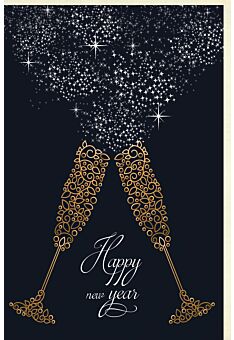 Neujahrskarte 2 illustrierte Sektgläser, mit Glimmer