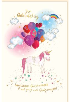 Glückwunschkarte Geburtstag premium: "Einhorn“ Glitzerregen