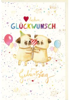 Kinder Geburtstagskarte Hunde, Luftballons, mit Goldfolie und Blindprägung, Naturkarton