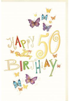 Geburtstagskarte 50 Jahre Schmetterlinge, Naturkarton, mit Goldfolie und Blindprägung