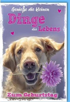 Glückwunschkarte Geburtstag Hund mit Blume