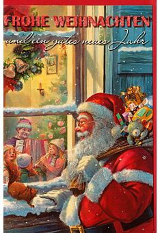 Vintage Weihnachtskarte nostalgisch Weihnachtsmann Fenster