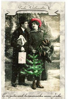 Retro Weihnachtskarte vintage Motiv Paar Weihnachtsbaum