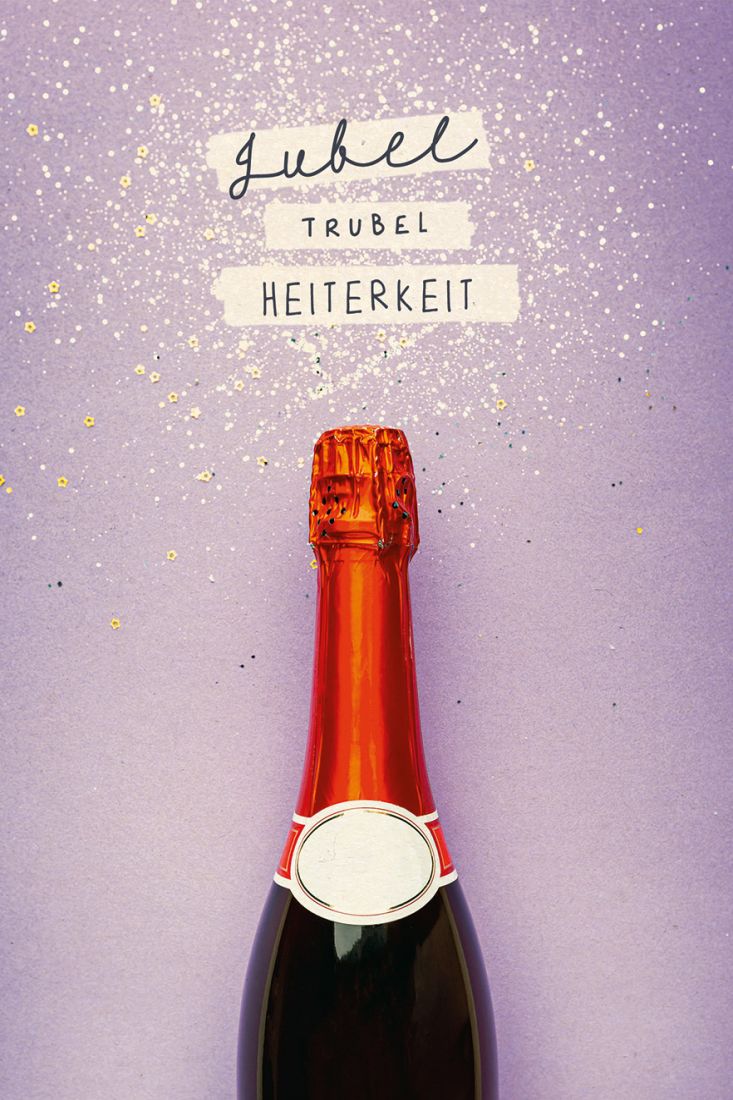 Postkarte Sprüche Jubel Trubel Sekt Champagnerflasche, Zuckerrohrpapier