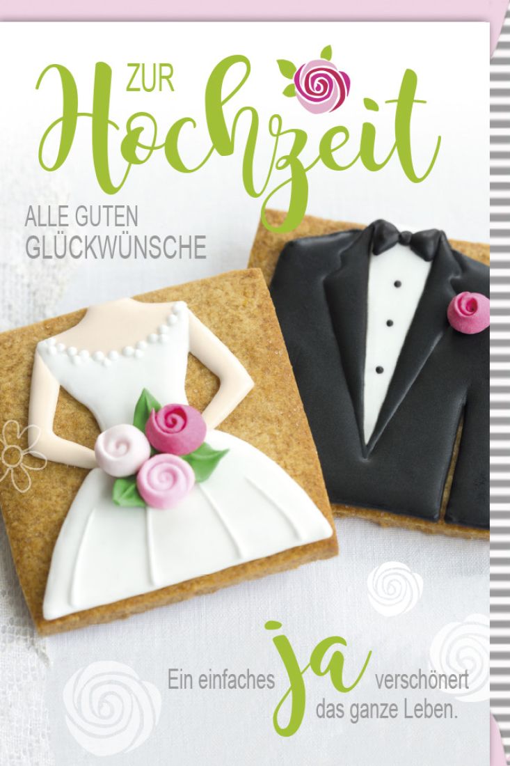 Glückwunschkarte Hochzeit 2 Kekse mit Brautkleid und Anzug