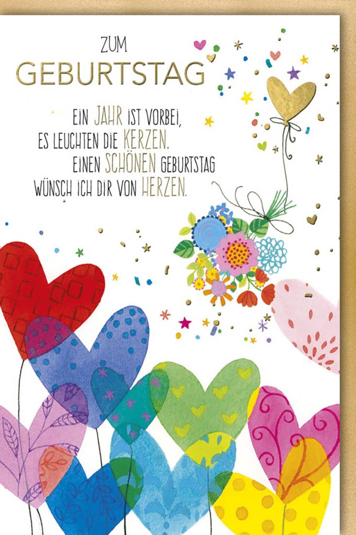 Glückwunschkarte Geburtstag Spruch mit bunten Blumenherzen