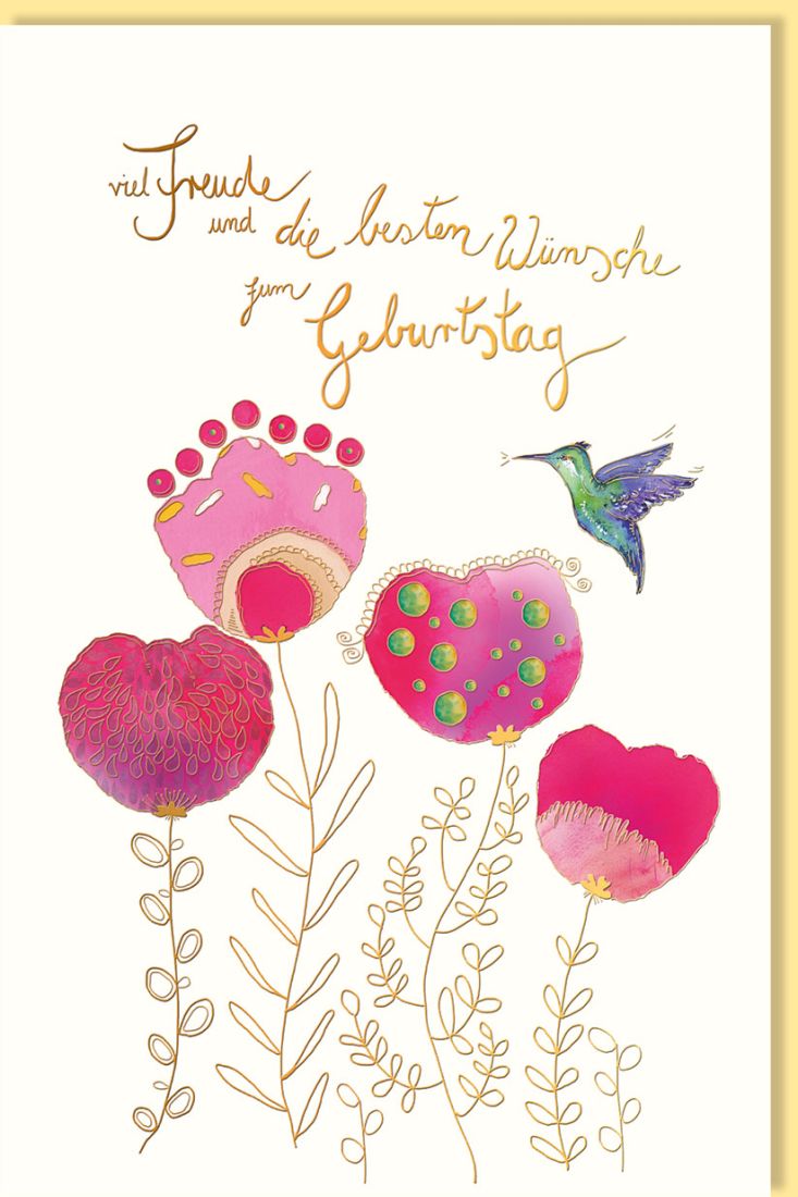 Glückwunschkarte Geburtstag Pinke Blüten und Kolibri, mit