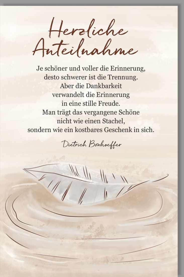 Trauerkarte Beileid Blatt, Naturkarton, mit brauner Metallicfolie und