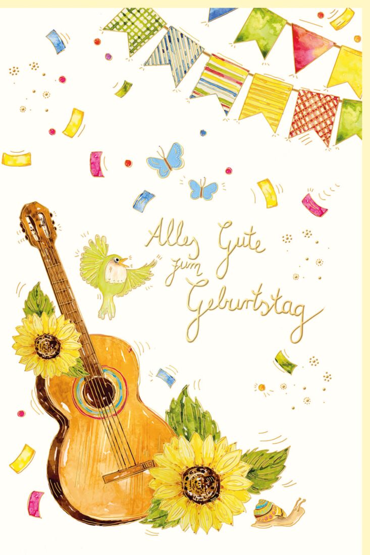 Glückwunschkarte Geburtstag Gitarre, Vogel, Girlande, Sonnenblumen,  Naturkarton, mit Goldfolie und Blindprägung