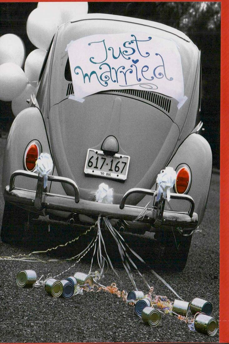 Hochzeitskarte mit Auto und Blechdosen: Just married