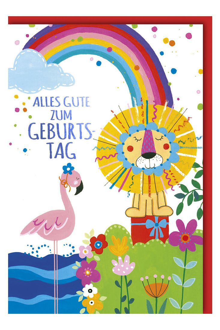Karte Kindergeburtstag Löwe Wasser Regenbogen Vogel Wolke