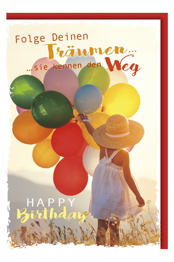 Geburtstagskarte Spruch Mädchen mit Sonnenhut und Luftballons