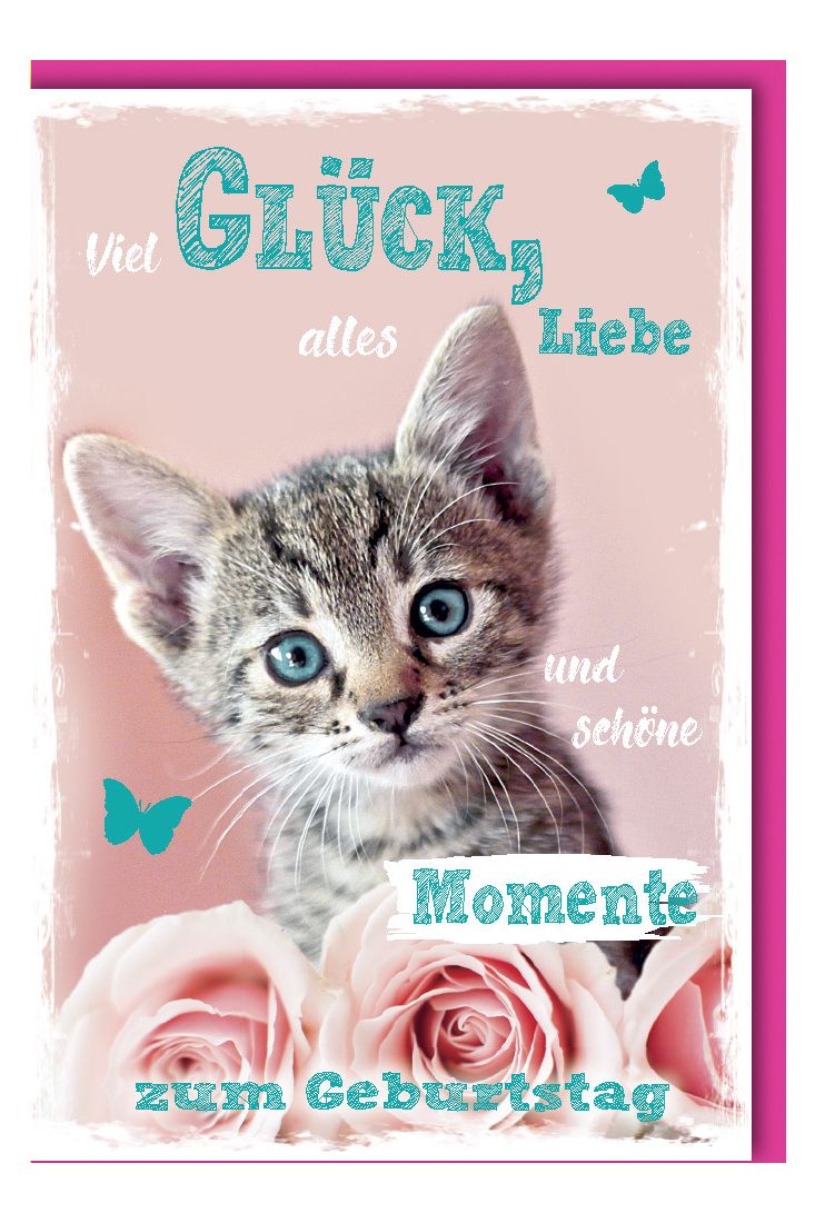 Glückwunschkarte Geburtstag Babykatze mit Rose