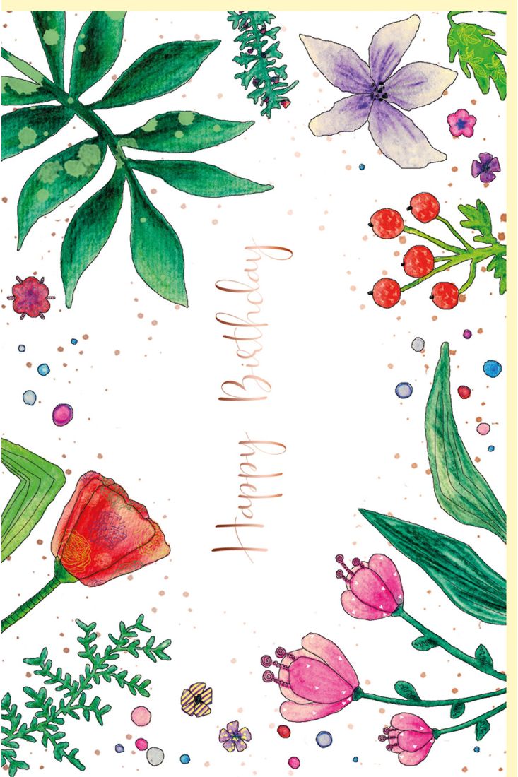 Geburtstagskarte Flora Blumen und Blätter, Naturkarton, mit rosègoldener Metallicfolie