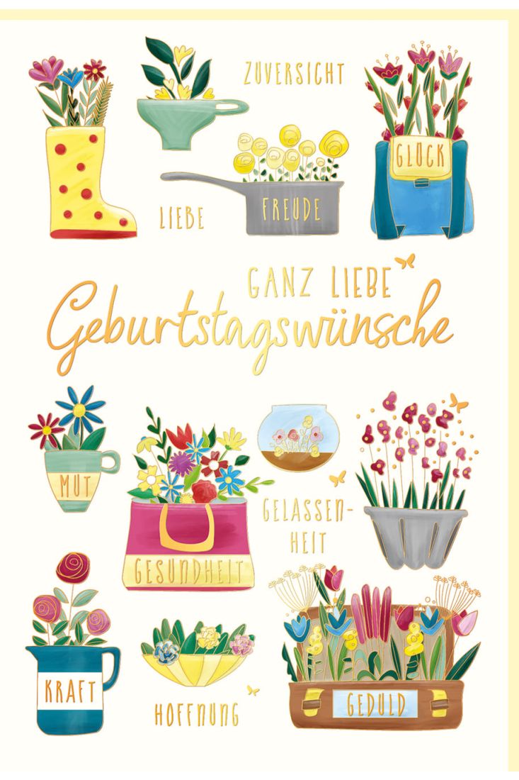 Glückwunschkarte Geburtstag Blumen in verschiedenen Gefäßen, Naturkarton, mit Goldfolie und Blindprägung