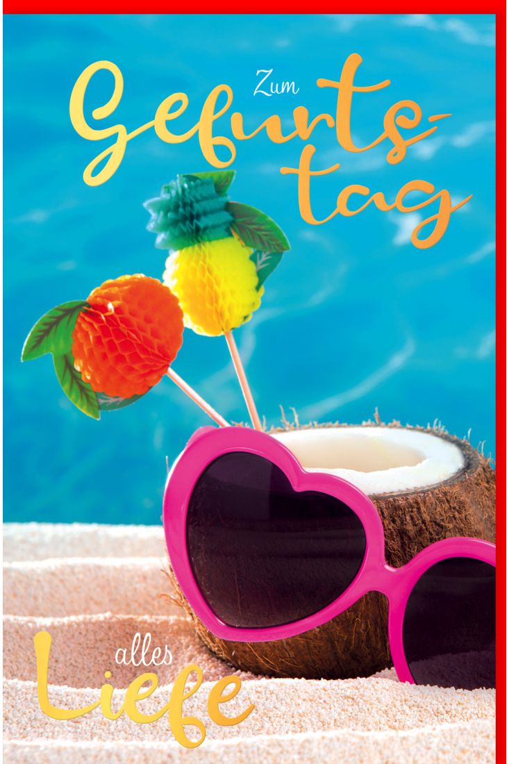 Glückwunschkarte Geburtstag Sonnenbrille, Kokosnuss im Sand, mit Goldfolie