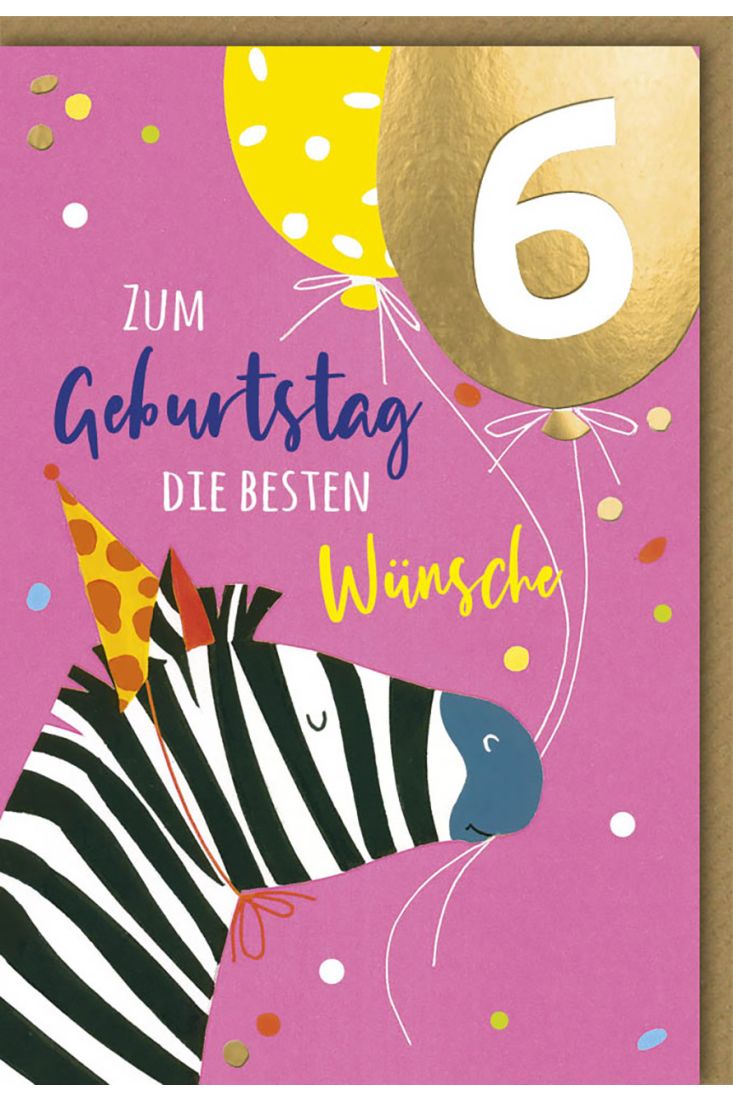 Geburtstagskarte 6. Jahre Zebra mit Luftballons
