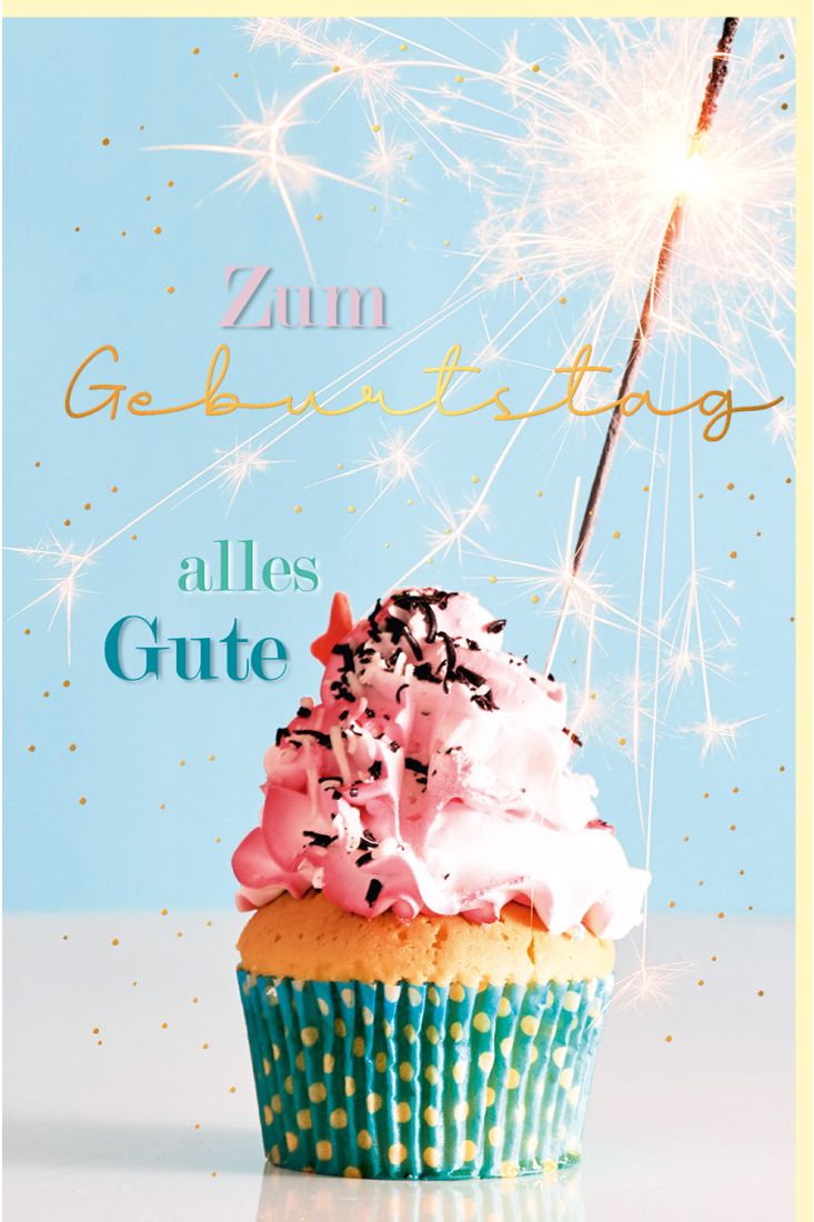 Geburtstagskarte Cupcake mit brennender Wunderkerze, mit Goldfolie