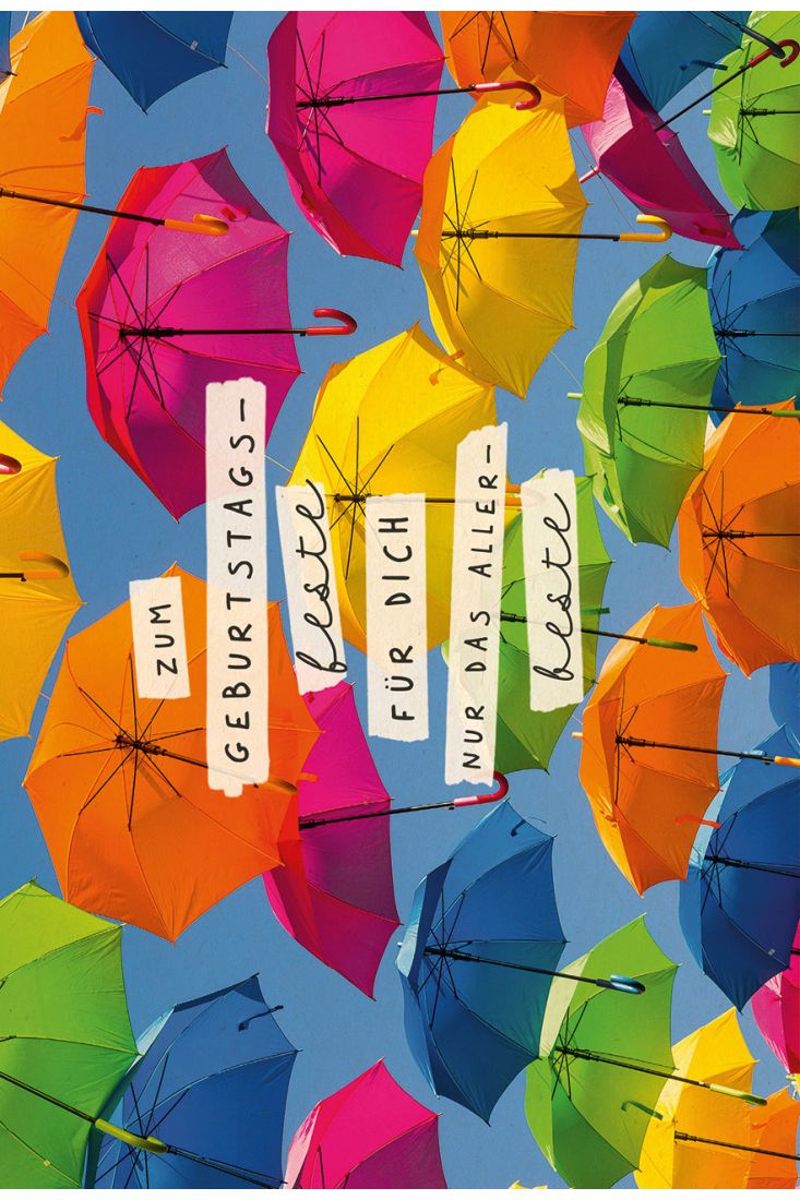 Postkarte Geburtstag Bunte Regenschirme, Zuckerrohrpapier