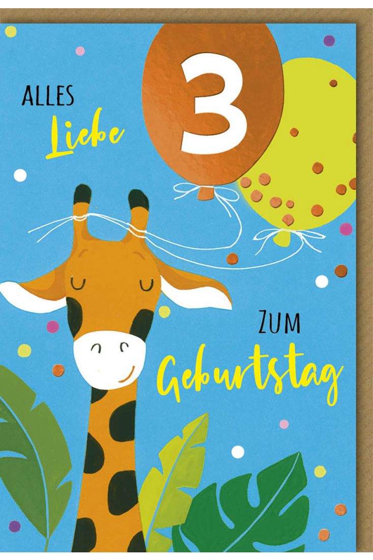 Geburtstagskarte 3. Jahre Giraffe mit Luftballons