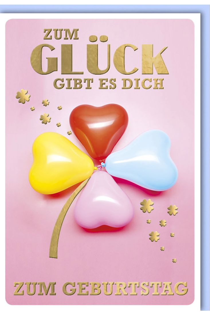 Geburtstagskarte für Frauen Vier Luftballonherzen Kleeblatt