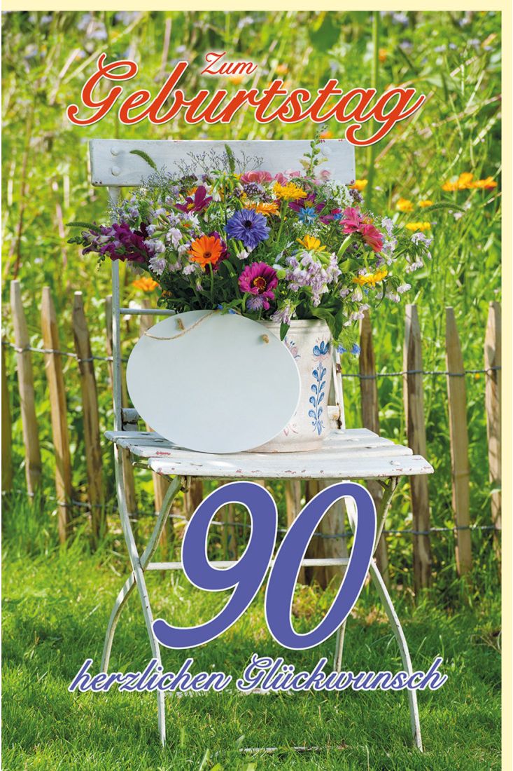 Geburtstagskarte Zahlengeburtstag 90 Jahre Sommer auf dem Land Gartenstuhl, Blumemstrauß und Teller darauf
