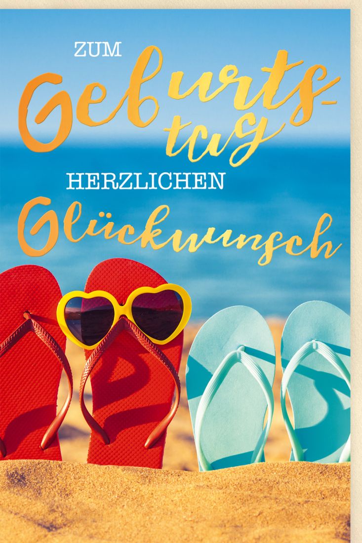Glückwunschkarte Geburtstag FlipFlops im Sand, Sonnebrille, Meer, mit Goldfolie