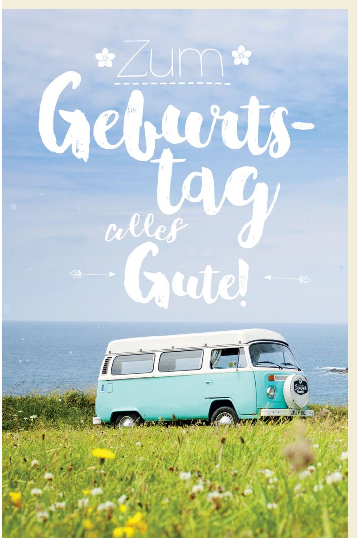 Glückwunschkarte Geburtstag Bus auf Wiese am Wasser