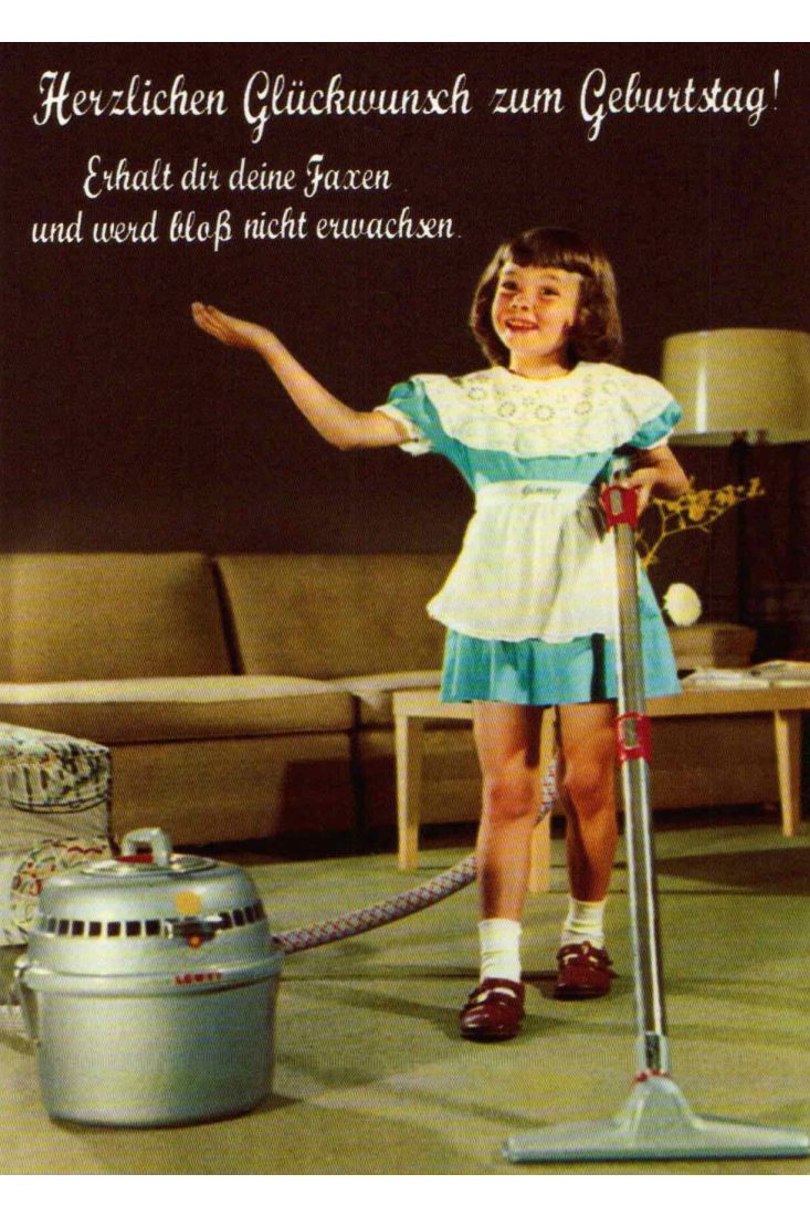 Postkarte Geburtstag retro Mädchen Staubsauger