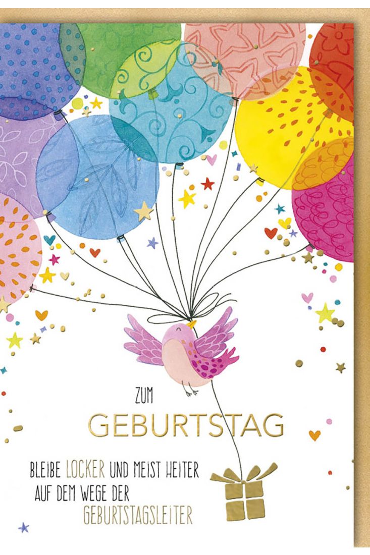 Glückwunschkarte Geburtstag Motiv Vogel mit bunten Luftballons